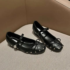 LBSFY -New Style Fashion Elegant Mary Janes Women's Flat Daily Dress Ladies Bow Tie Shallow Buckle Strap Soft Bottom Outdoor Flat Pumps