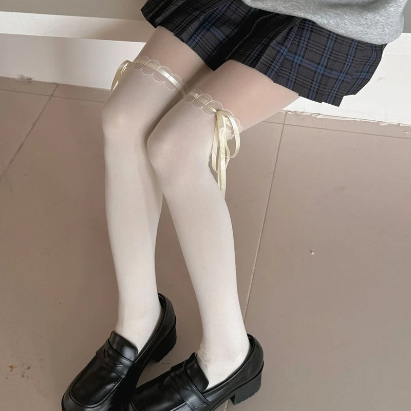 Lbsfy Lolita Styles Girls Tights Sweet Bow Kawaii Stockings for Women Semi-Transparent Pantyhose JK Students High Elastic Long Socks