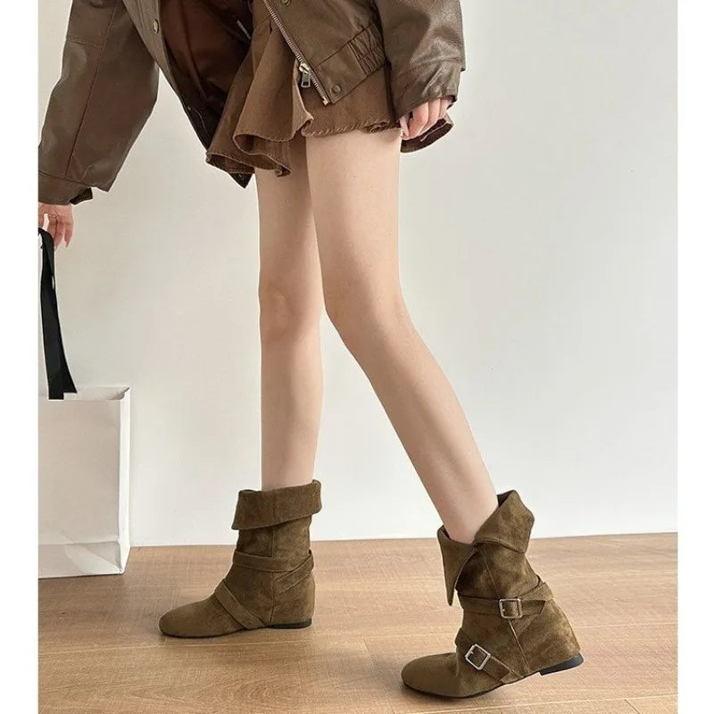 LBSFY -New Women's Vintage Suede Women Trouser Legs Boots Fashion Belt Buckle Slip on Shoes Autumn Winter Wedges Heel Ladies Long Boots