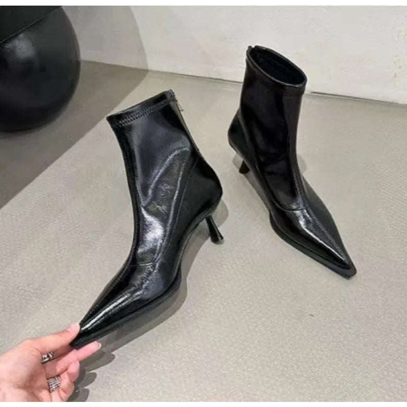 LBSFY -Women's Sexy Pointed Toe Ankle Boots Vintage Autumn New Fashion High Heels Patent Leather Skinny Boots Women Brown Short Booties