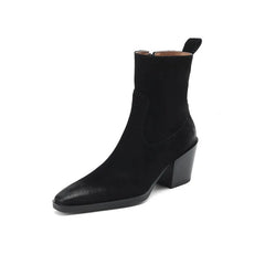 LBSFY  -   Women Cow Suede Boots High Quality Chunky Heels Western Boot Woman Retro Square Toe Zipper Shoes Winter 34-42