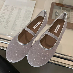 Lbsfy Summer 2025 Mesh Breathable Ballet Flats Ladies Comfort Mary Janes Shoes Women Fashion Rhinestones Soft Sole Footwear Female