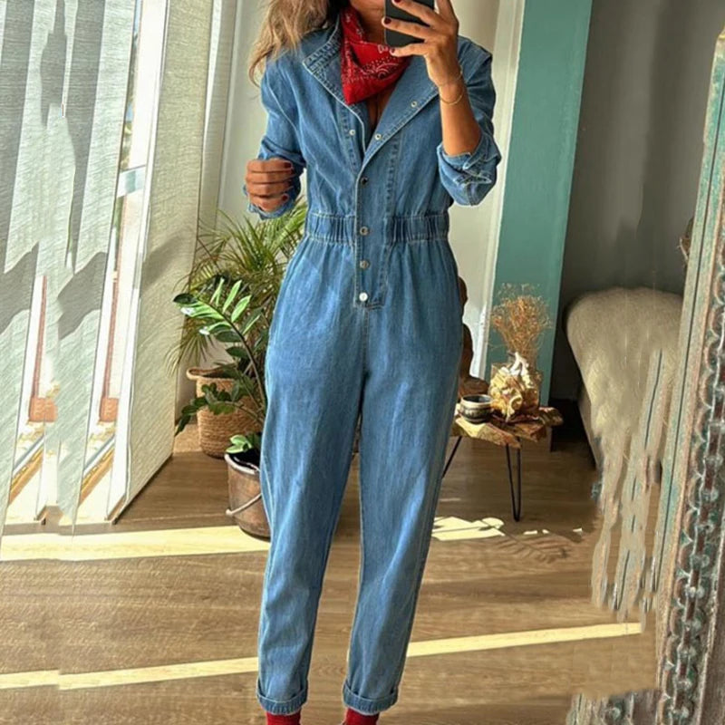 LBSFY  -  New 2024 Fall Casual O Neck Pocket Denim Playsuit Retro Long Sleeved Slim Romper Fashion Streetwear Elastic Waist Women Jumpsuit