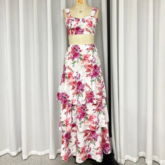 LBSFY  -  2 Piece Set Women Summer Elegant Floral Printed Sleeveless High Waist Vest Top Loose Cascade Long Skirt Sets Streetwear