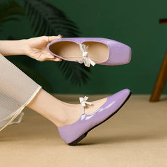 LBSFY  -  Fashion Bowknot Mary Jane Shoes for Women Square Toe Glossy Leather Flats Female Multicolor Dance Ballets Party Wedding Shoes