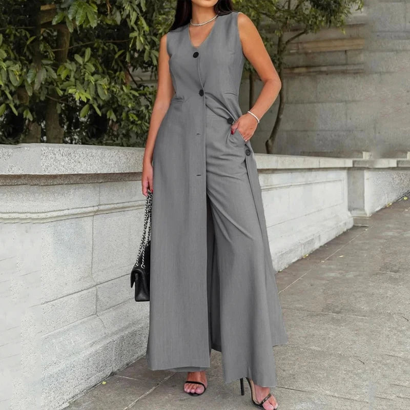 LBSFY  -  Office Women Summer Casual Chic Sleeveless V Neck Single Breasted Button Solid Long Top Loose Wide Legs Pants Sets