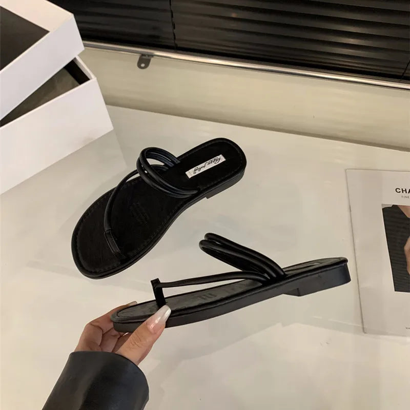 LBSFY -Summer New Brand Women Slippers Fashion Narrow Band Ladies Elegant Slides Flat Heel Outdoor Gladiator Shoes Beach Shoes