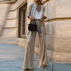 LBSFY  -  Autumn Sequin Sparkling Casual Elegant Vacation Set Y2K Sparkling Cardigan Long Sleeved Top & Wide Leg Pants Christmas Suit  New