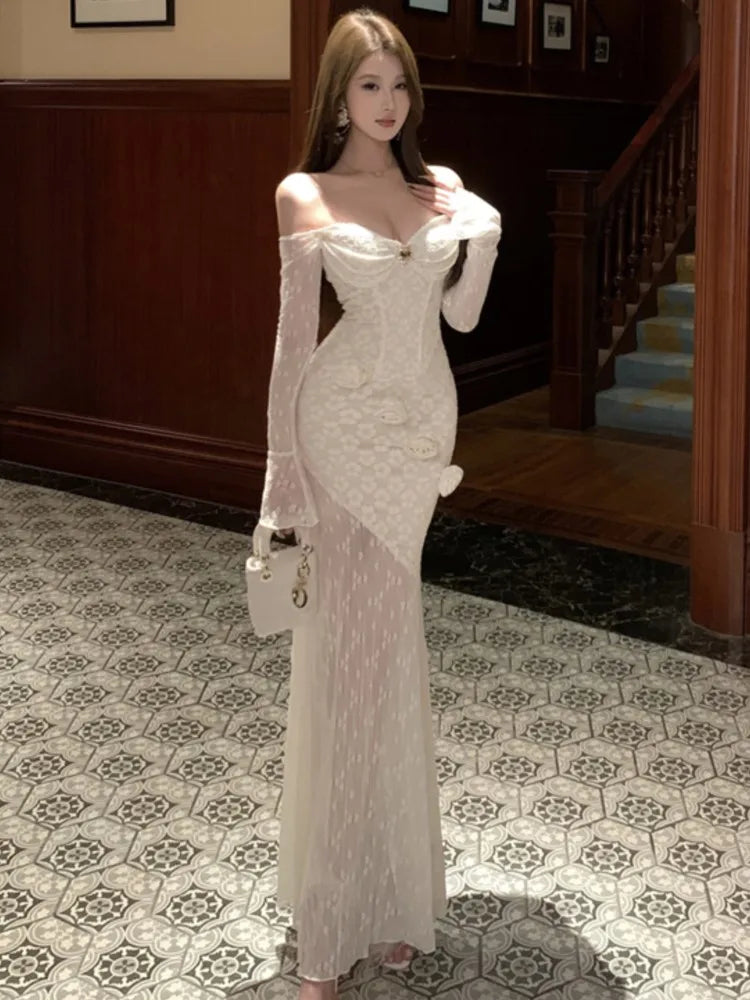 LBSFY -Sexy Elegant Slash Neck Women's Dresses Lace Patchwork Bodycon Party Off Shoulder Long Sleeves Evening Dress 2025 New Vestidos