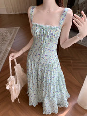 LBSFY -Vintage Elegant Floral Women's Summer Dresses Fashion Lace Up Patchwork Spaghetti Strap Long Dress Bohemain Romantic Vestidos