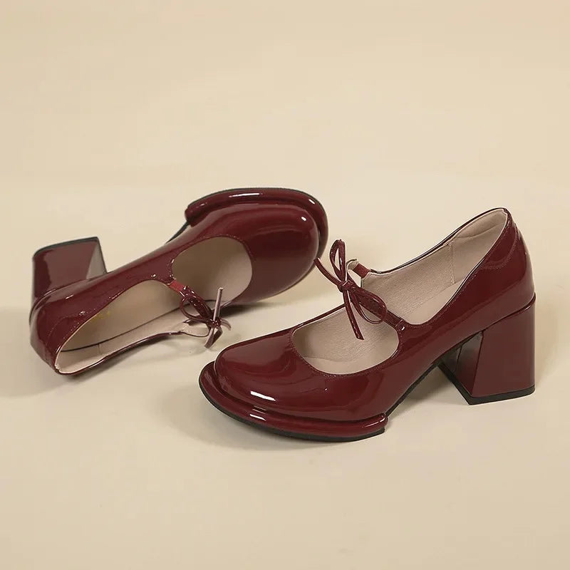 LBSFY -Red French Bow Knot High Heels Mary Janes Women Shoes Spring 2025 Chunky Heel Single Shoes round Toe Polyurethane Comfortable
