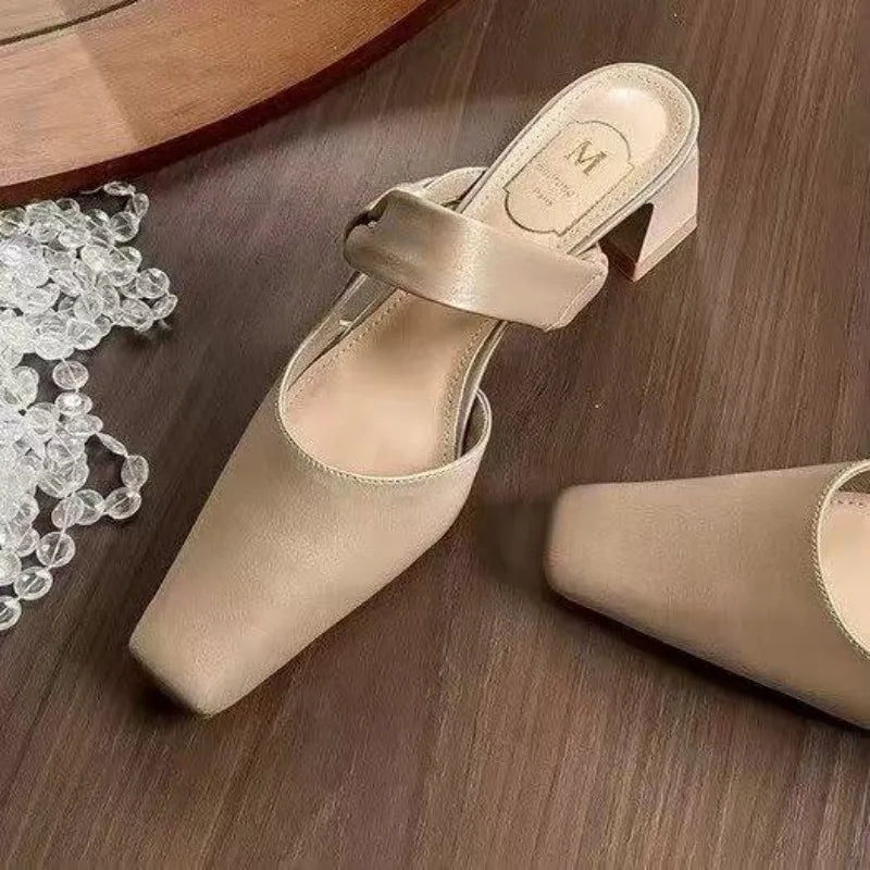 LBSFY -Summers New Style Evening Breeze Baotou Half Slippers French Low Heel Women's Shoes Summer New Thick Heel Slippers Zapatos Mujer