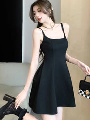 LBSFY -Black Sexy Spaghetti Strap Dress For Woman Elegant French Square-Collar Slim Waist Dresses Sleeveless Party Evening Skirt Summer
