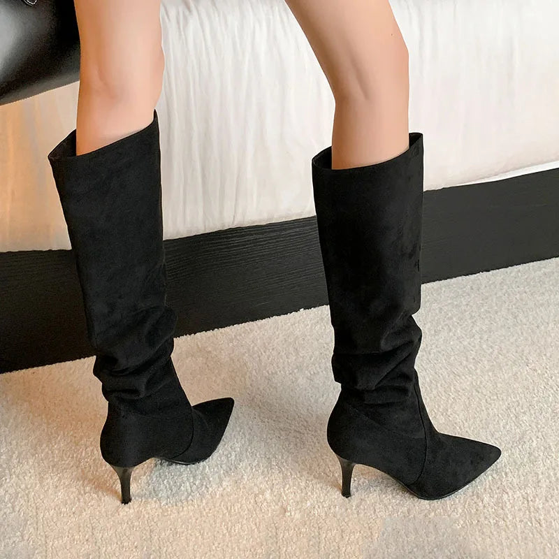 LBSFY  -  Khaki Suede Skinny Boots Korean Version Pointed Splicing Sleeve Pleated Slim High Heels Elegant High Boots Pile Up Boots