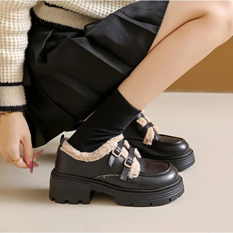 LBSFY  -  British Style Leather Shoes for Girls Winter 2024 Thick Soled Lamb Wool Warm  Uniform School Cotton Shoes Plush PU woman