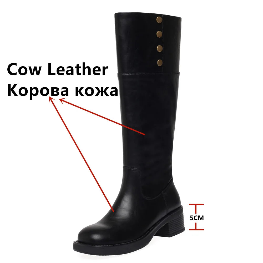 LBSFY  -  Vintage Women Knee-High Boots Genuine Leather Thick Heels Shoes Woman Basic Office Lady Autumn Winter High Boots Retro