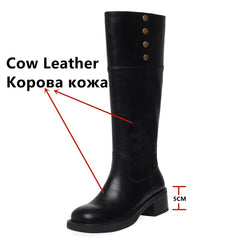 LBSFY  -  Vintage Women Knee-High Boots Genuine Leather Thick Heels Shoes Woman Basic Office Lady Autumn Winter High Boots Retro