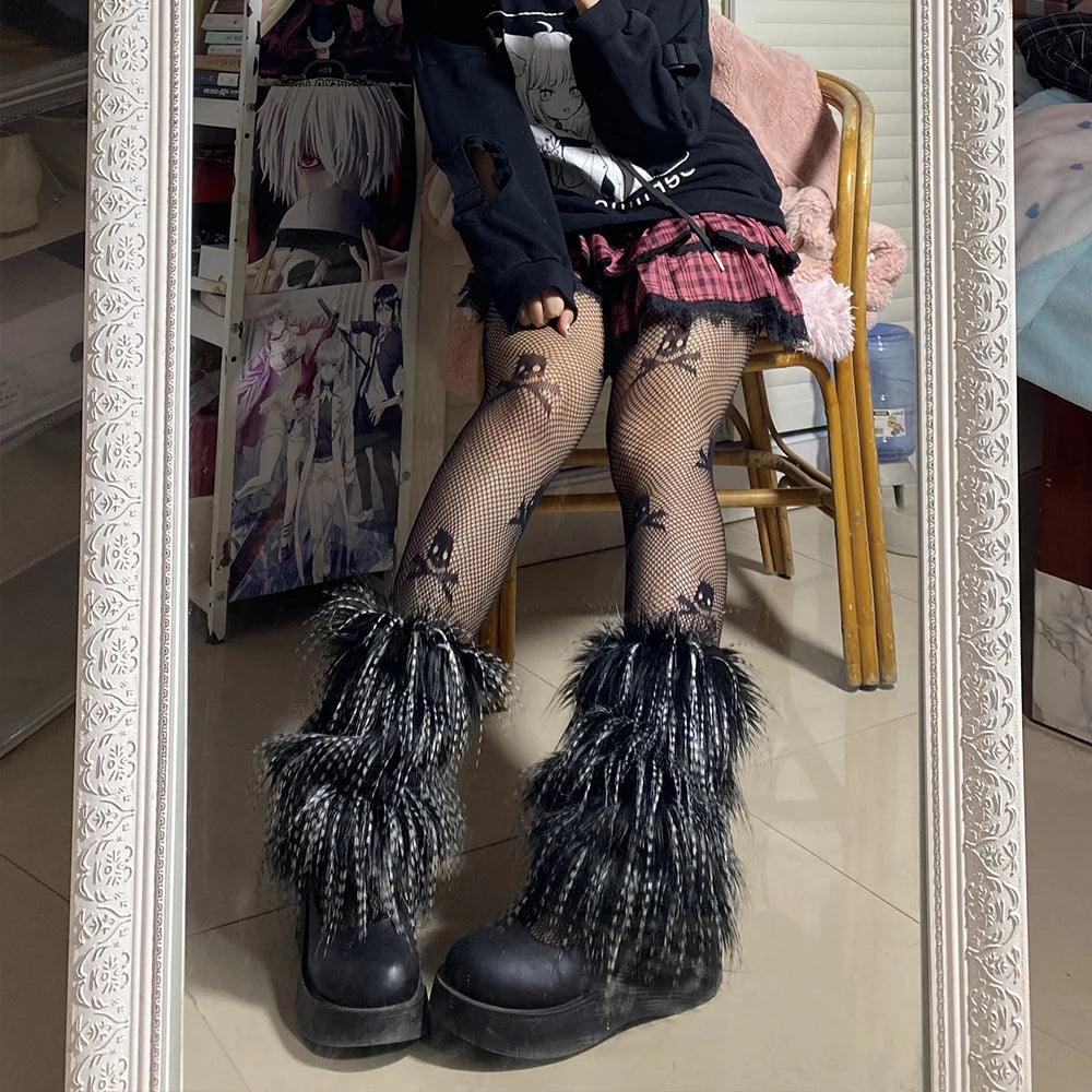 Lbsfy E-girl Furry Leg Warmers Boot Covers Y2K Goth White Faux Fur Leg Warmers Punk Jk Knee-length Hiphop Warm Sock Fashion Socks
