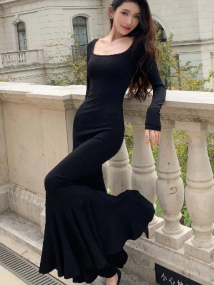 LBSFY -Autumn Sexy Black Mermaid Party Dress for Women Square Collar Long Sleeve Slim Bodycon Vestidos Elegant Streetwear Long Robe