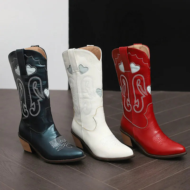 LBSFY  -  White Cowboy Boots Festival Women Mid Calf Chunky Heel Heart Embroidered Western Cowgirl Shoes