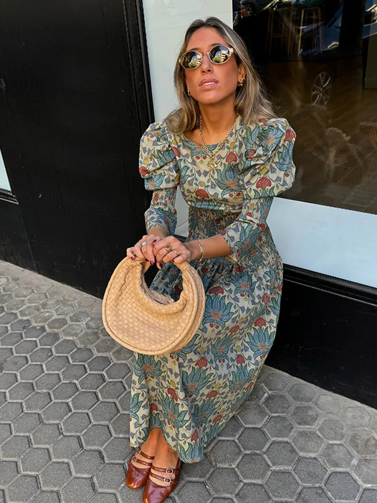 LBSFY  -  2025 Elegant Printed Pleated Hem Women's Midi Dress Fashion Puff Long Sleeves Round Collar Robe New Summer Vacation Lady Vestido