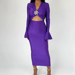 LBSFY  -  Women Fashion Hollow Out Waist Solid Party Dress 2024 Causal Cocktail Banquet Dress Elegant Deep V-neck Flared Sleeve Long Dress