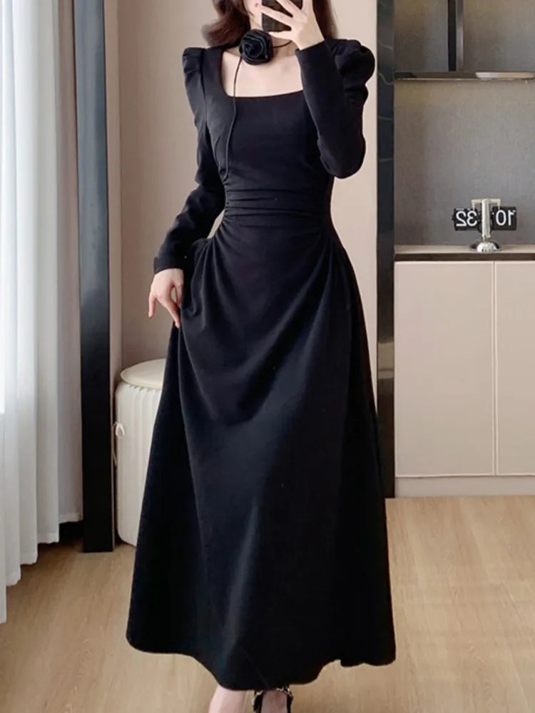 LBSFY -Elegant Chic Women Fashion Black Dress Vintage Casual A-Line Solid Party Birthday Prom Dresses Female Spring Clothes Robe Mujers