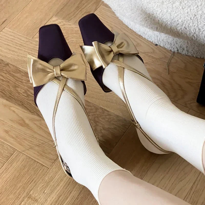 Lbsfy Sweet Butterfly-knot Low Heel Mules Women Shallow Elegant Dress Shoes Female Comfy Cross-tied Square Toe Slingback Sandals Women