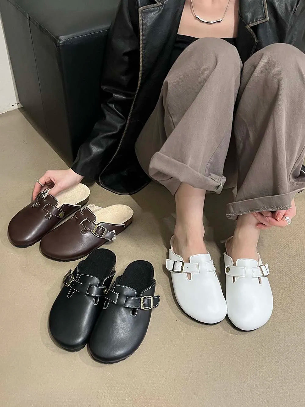 LBSFY  -  Round Toe Women Flat Slides Slippers Fashion Dress Shoes Black White Brown 2023 New Arrivals Belt Buckle Design Office Shoes 39