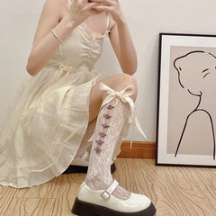Lbsfy Cute Gothic Style Ruffles Hollow Bow JK Lolita Stockings Women Sexy Lace Mesh White Black Fishnet Knee High Long Socks Lingerie
