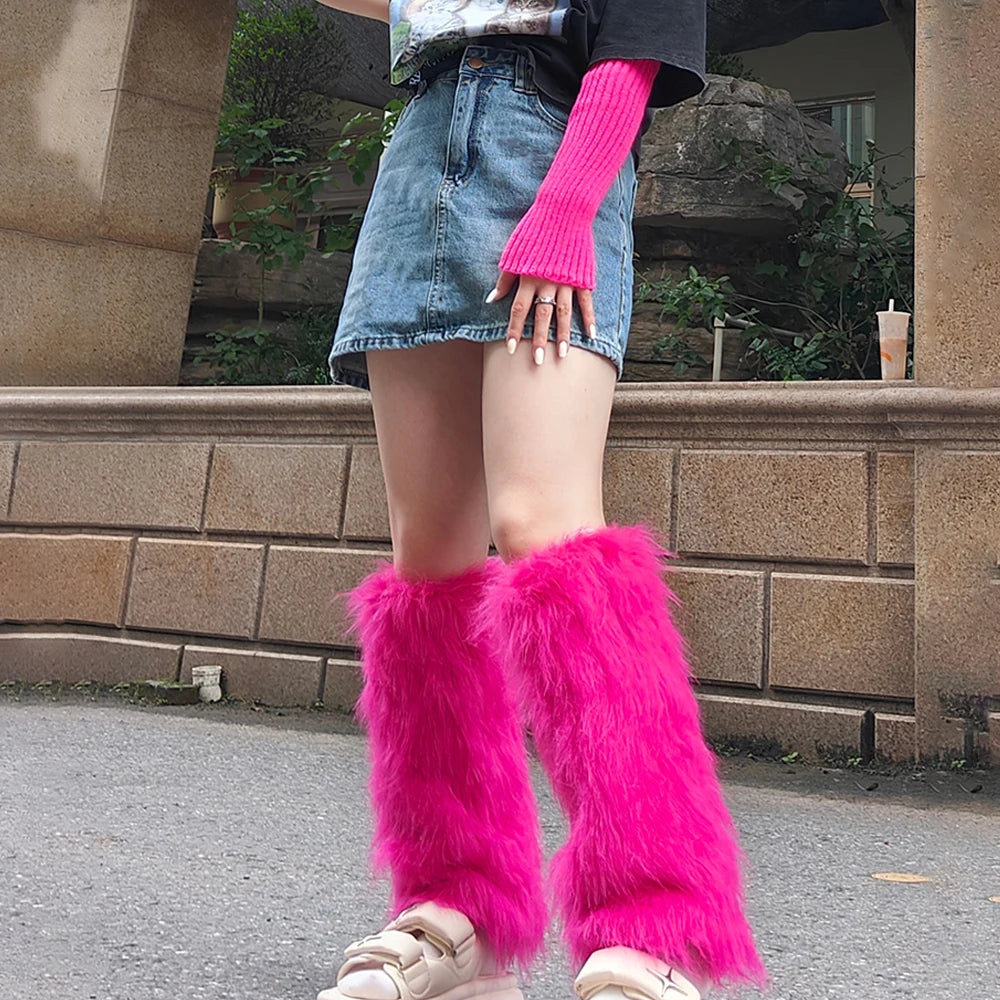 Lbsfy Furry Leg Warmers Y2K Goth White Faux Fur Leg Warmers Boot Covers Lady Cute Jk Knee-length Hipster Warm Sock Fashion Socks