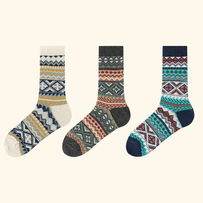 Lbsfy 3 Pairs Men's Retro Socks Ethnic Style Geometric Stripes Cotton Crew Socks Male Breathable and Sweat-absorbing Winter Warm Sock