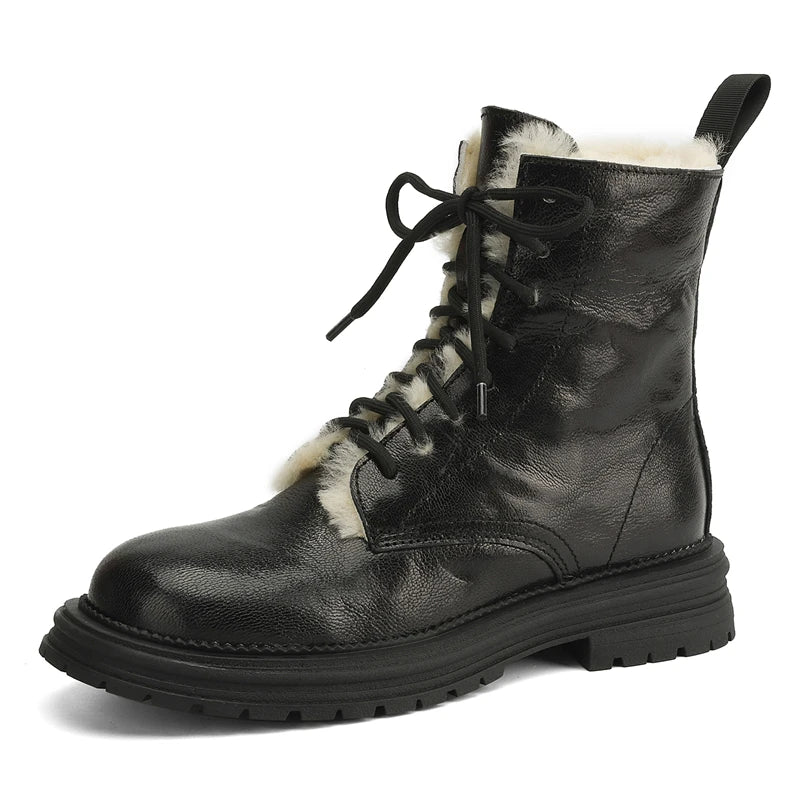 LBSFY  -  Size 34-42 Nature Wool Snow Boots Women Lace Up Round Toe Zipper Winter Boots Fashion Ankle Booties Ladies Shoes