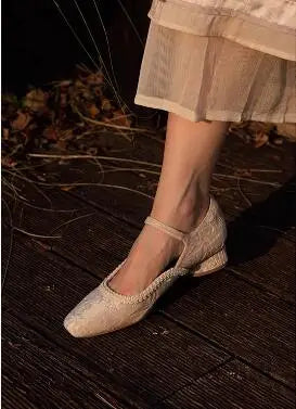 LBSFY  -  Chinese Style Horse Face Skirt Beige Velvet Pearl One Line Ankle Buckle Strap Low Heels Mary Jane Shoes Women 25 mm Heels Shoes