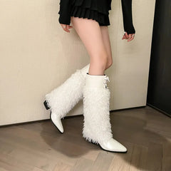 LBSFY  -  2024 White Plush Boots Fashion Frenum Knee Length Pointed Boots 6cm Thick Heel Chelsea Boots 34-46 Auto Show Model Women's Shoes