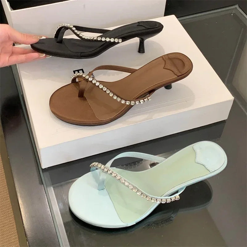 LBSFY -Summer Fashion Crystal Clip Toe Slippers Women Elegant Low Thin Heels Sandals Flip Flops Slide Shoes Zapatos De Mujer