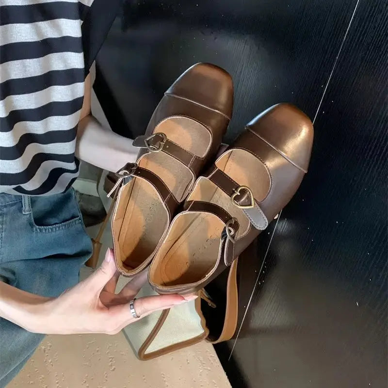 LBSFY  -   Ballerinas Zapatos Mujer Round Toe PU Leather Buckle Mary Janes Shoes Brown Ballet Flats