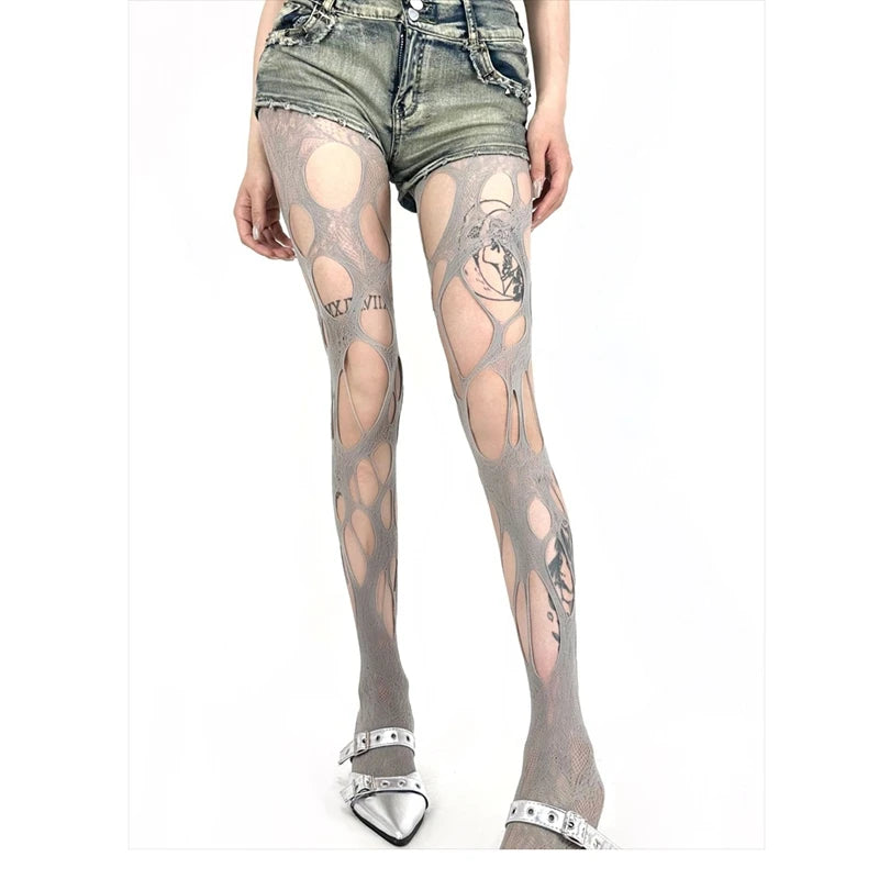 Lbsfy Broken Hole Lace Tights for Women Fashion Fishnet Long Stockings Easy Tearable Y2K Pantyhose Hollow Out Female Leggings