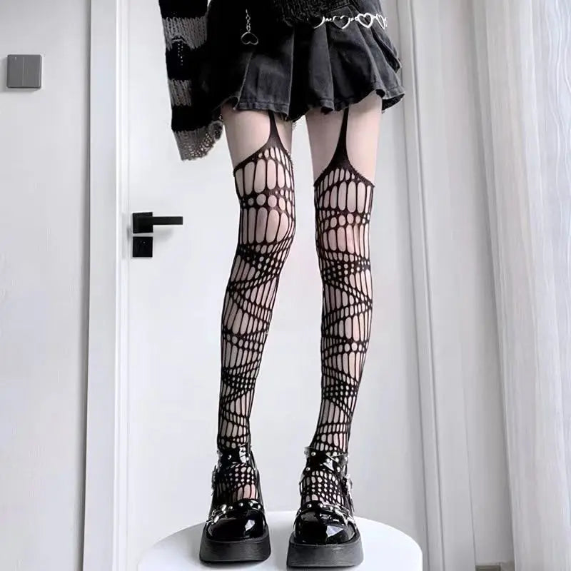 Lbsfy Fishnet Stockings Women Solid Color Black White Grid Crotchless Pantyhose Long Socks Lace Nightclub Sexy Stockings