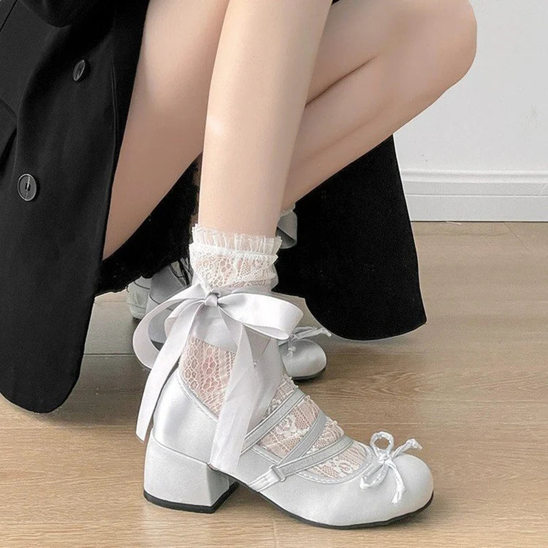 LBSFY -Lolita Cross Strap Pink Round Toe Shoes Ladies Sweet Butterfly Knot Med Heels Mary Janes Shoes Women Fashion Party Shoes Mujer
