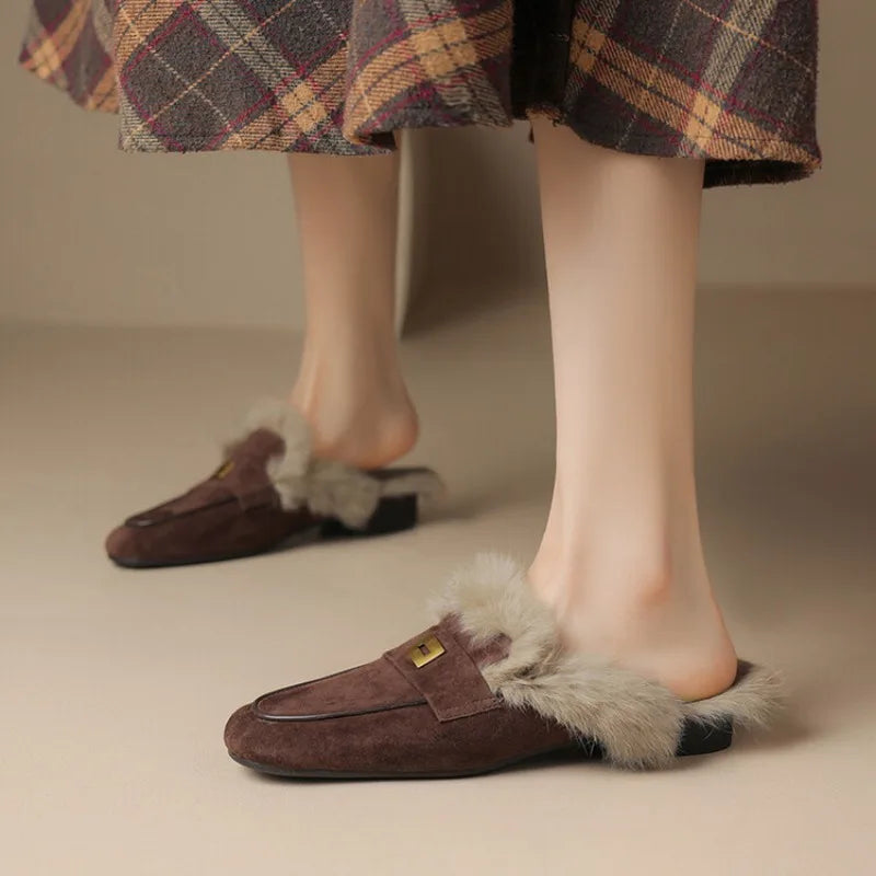 LBSFY  -  Sheep Suede Mules Women Warm Real Rabbit Fur Slip-on Autumn Winter Slippers Casual Loafers Ladies Flats Shoes