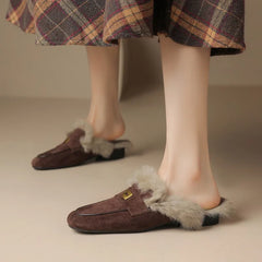 LBSFY  -  Sheep Suede Mules Women Warm Real Rabbit Fur Slip-on Autumn Winter Slippers Casual Loafers Ladies Flats Shoes