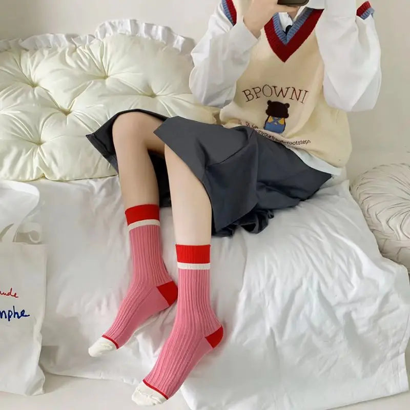 Lbsfy Fashionable Colorblocking Middle Tube Socks Girls Color Contrast Crew Sock Ins Popular Women's Socks Trendy Long Socks Woman