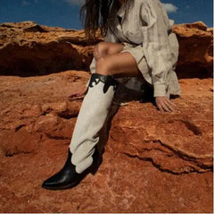LBSFY  -  Genuine Leather Black White Mixed Color Pointed Toe Spike Heels Knee High Boots Women Slip On Tube Fashion Long Botas Shoes