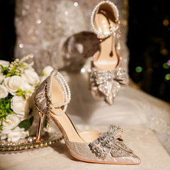 LBSFY  -  Size 32-43 Pointed Hollow Bride Wedding Shoes Women Gold Heels Dress Shoe Rhinestone Crystal Pearls Strap Shoes