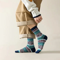 Lbsfy 3 Pairs Men's Retro Socks Ethnic Style Geometric Stripes Cotton Crew Socks Male Breathable and Sweat-absorbing Winter Warm Sock