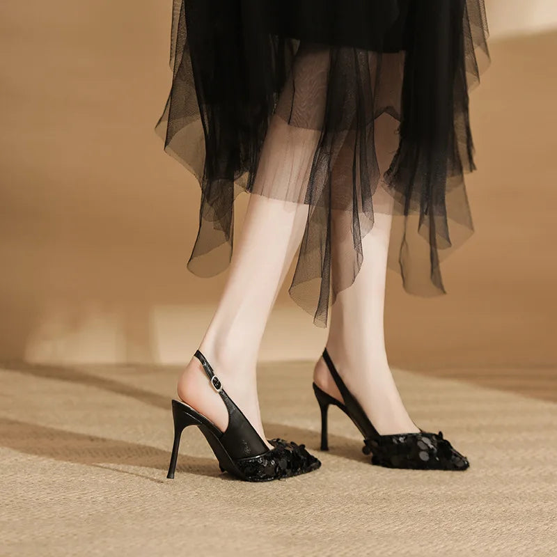LBSFY  -  Size 34-40 Sequins Back Empty Slingbacks High Heels Women's Stiletto Heel Silver Shoes Black Thin Heels