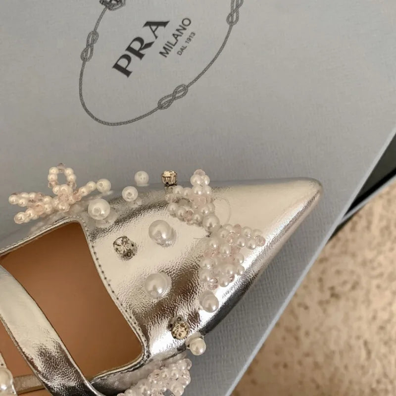 LBSFY  -  2024 Pearl Pink Ballet High Heels Pointed 5cm Slim Heel Skirt Outdoor Banquet Slippers 34-40 Bow Summer Birthday Party Sandals