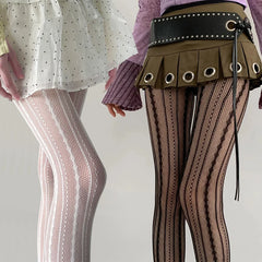 Lbsfy Women Sexy Lace Fishnet Pantyhose Lolita Style Hollow Out Design Red Silk Stockings JK High Waist Striped Tights Christmas Gifts