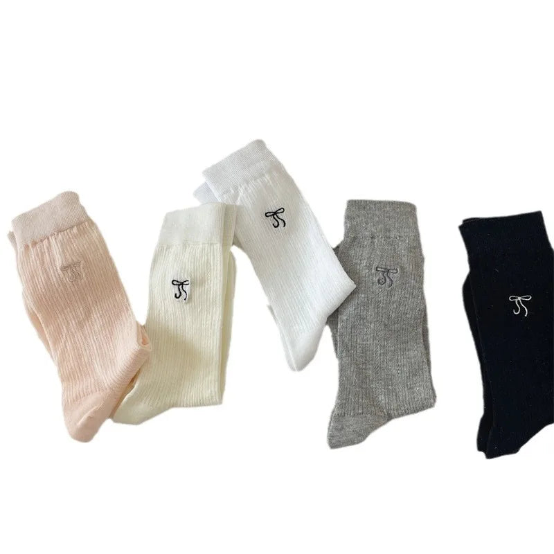 Lbsfy Women's Socks Mid-tube Spring Summer White Thin JK Solid Colors Harajuku Fashion Kawaii Girls Ballet Hollowed-out Bow Socks